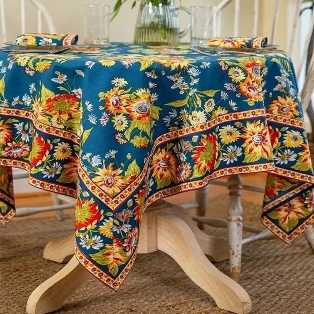 April Cornell Marguerite Floral Tablecloth 60x84 oblong Navy Yellow Cottage New